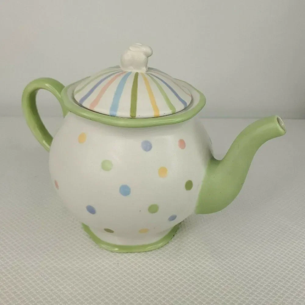 Demdaco Green White Polka Dot Teapot Bunny